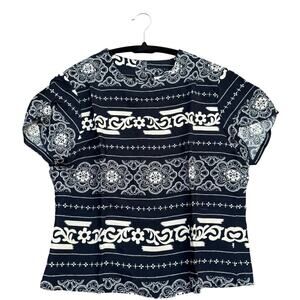 Abria Paisley Border Print‎ Blouse 90s Vintage Womens Medium Black White Rayon